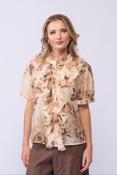 DRAMA WISH BLOUSE RAYON NYLON PINK FLORAL RUFFLE TOP
