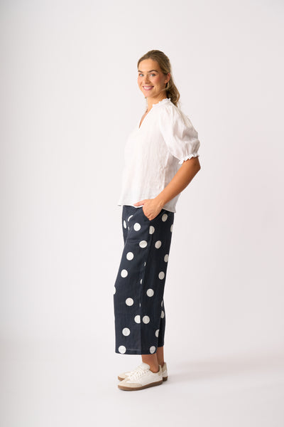 LONGBEACH FOIL WIDE LEG CROPPED TROUSERS NAVY LINEN SPOT PANT