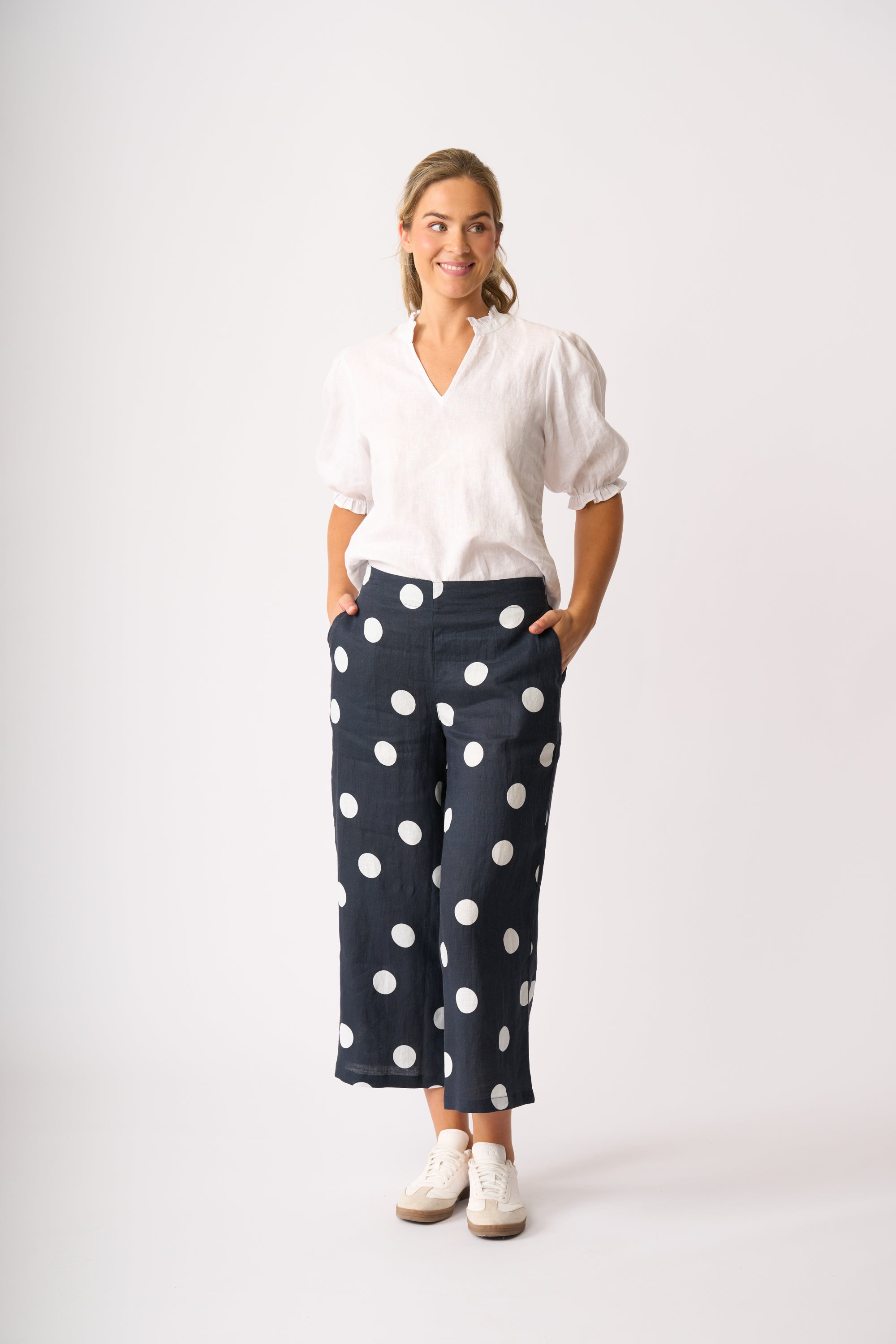 LONGBEACH FOIL WIDE LEG CROPPED TROUSERS NAVY LINEN SPOT PANT