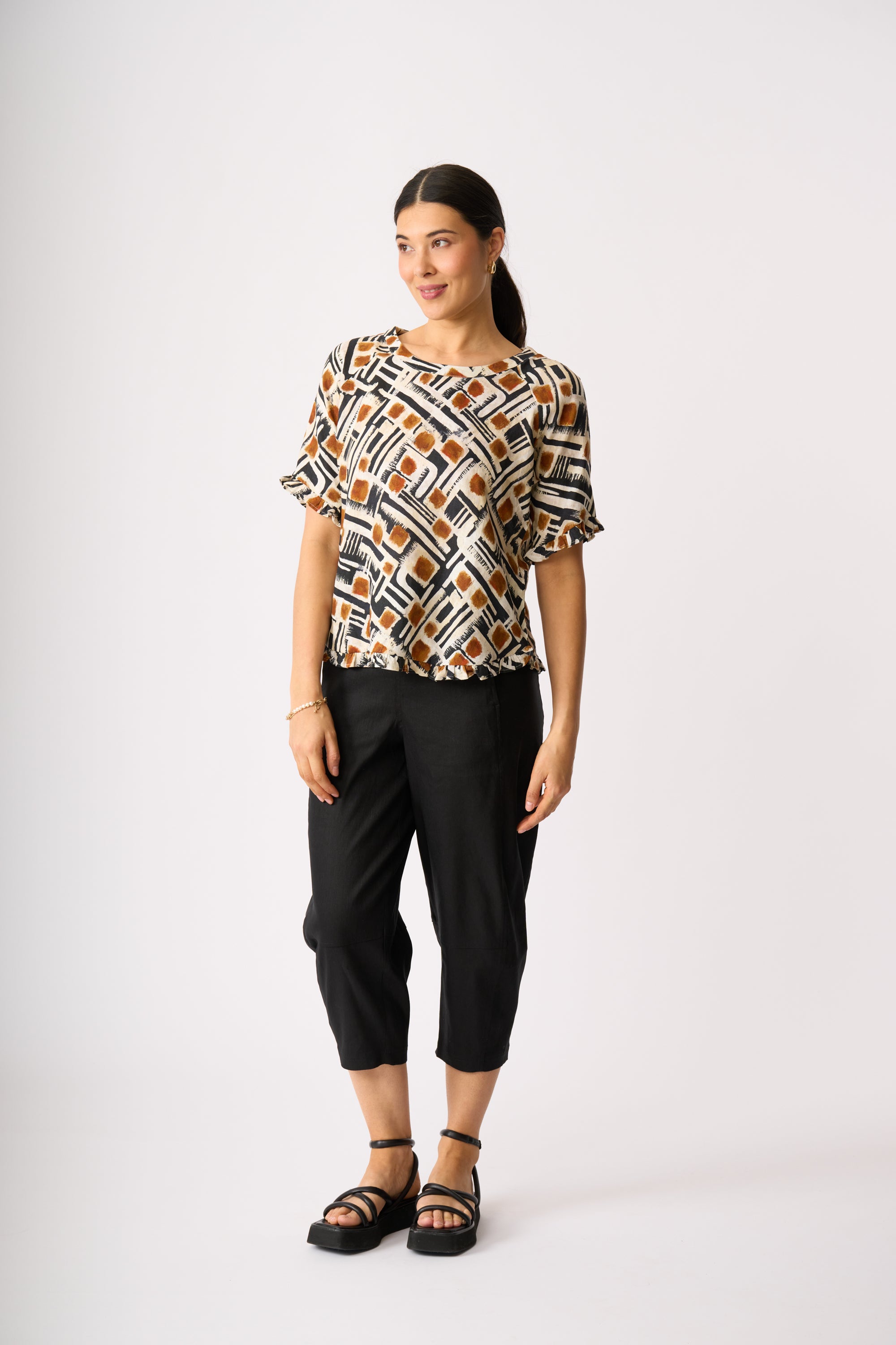 LONGBEACH OH THREE BARREL ALONG TROUSERS LINEN VISCOSE ELASTANE BLACK COCO BROWN CROPPED PANT