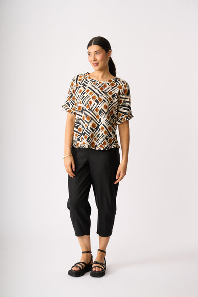 LONGBEACH OH THREE BARREL ALONG TROUSERS LINEN VISCOSE ELASTANE BLACK COCO BROWN CROPPED PANT