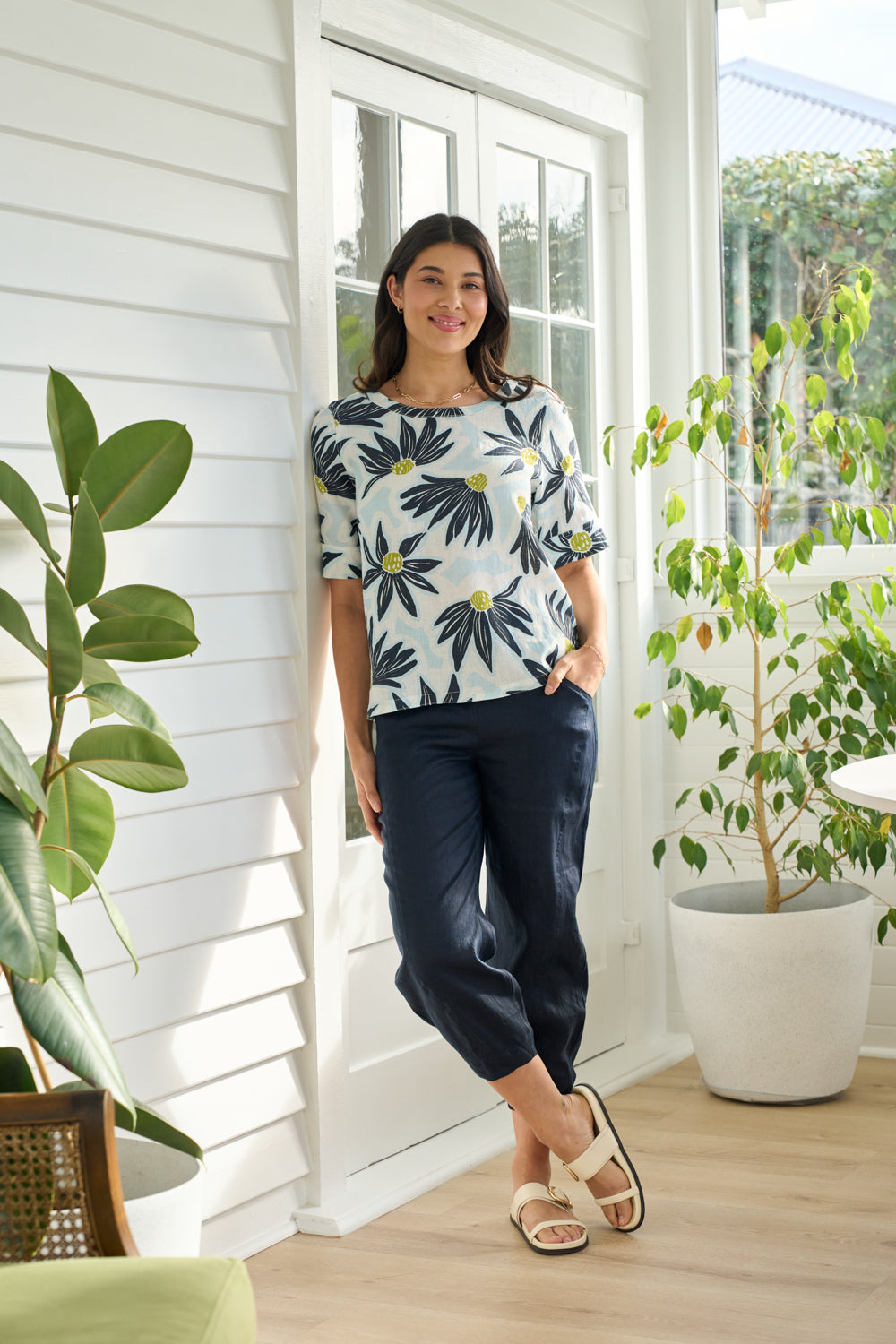 LONGBEACH FOIL TRIUMPHANT PANT NAVY COCO BROWN CHOCOLATE LINEN PANT