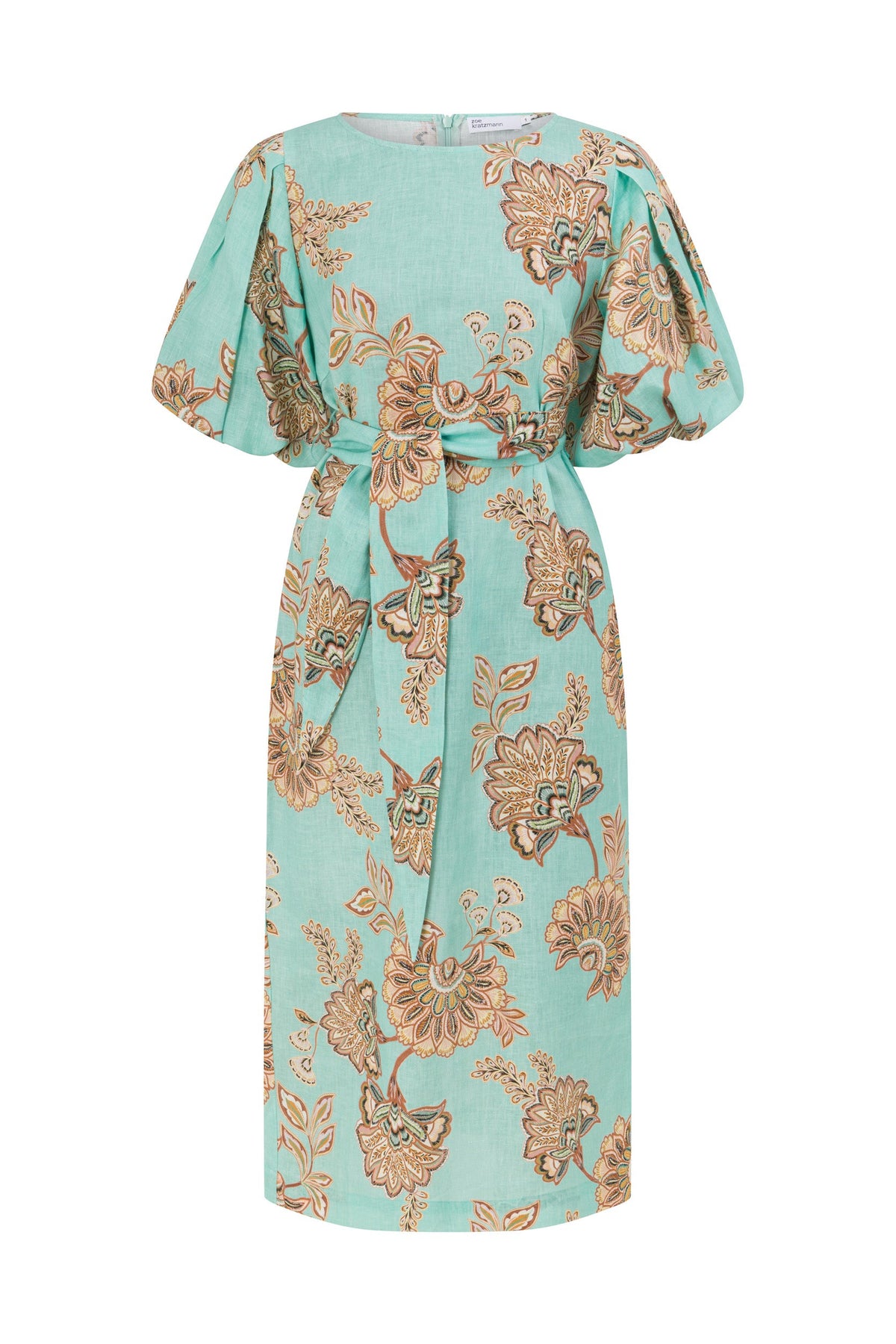 ZOE KRATSMANN COAST DRESS, A MIDI LENGTH MINT DRESS WITH A FLORAL PATTERN, PUFF SLEEVES AND A TIE AT THE WAIST