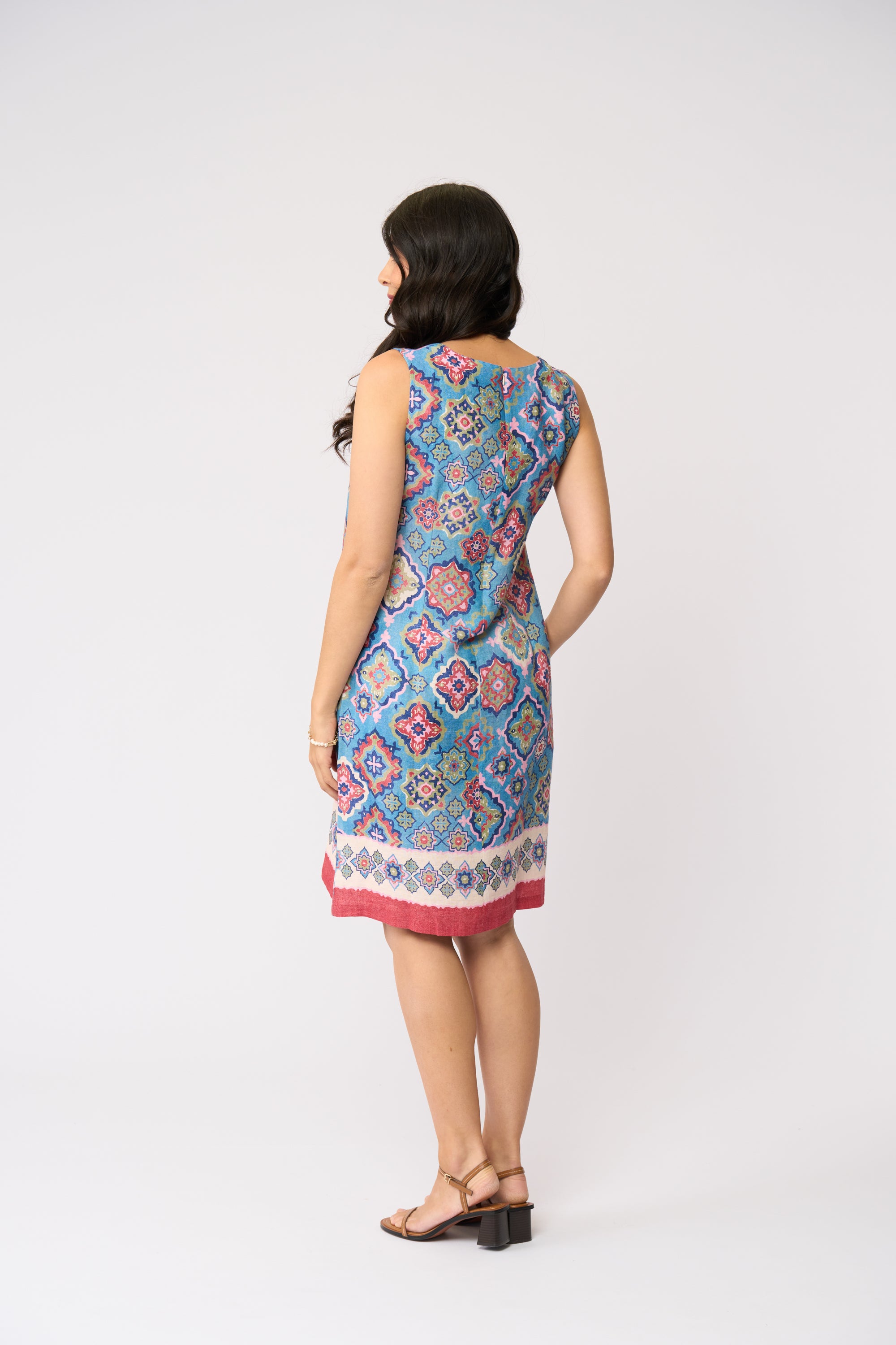 LONGBEACH FOIL SUNSATIONAL DRESS BLUE AND RED MINI LINEN PRINT DRESS