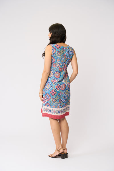LONGBEACH FOIL SUNSATIONAL DRESS BLUE AND RED MINI LINEN PRINT DRESS