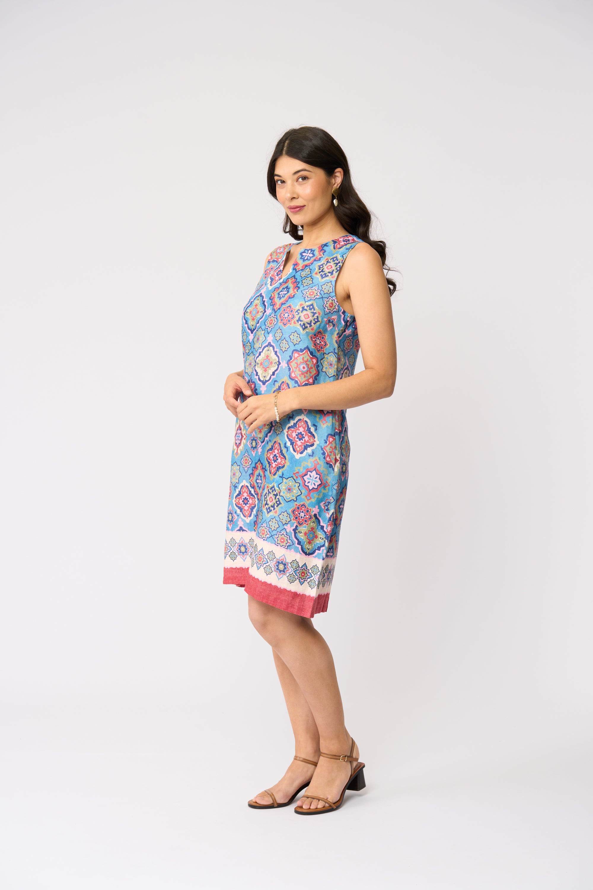 LONGBEACH FOIL SUNSATIONAL DRESS BLUE AND RED MINI LINEN PRINT DRESS