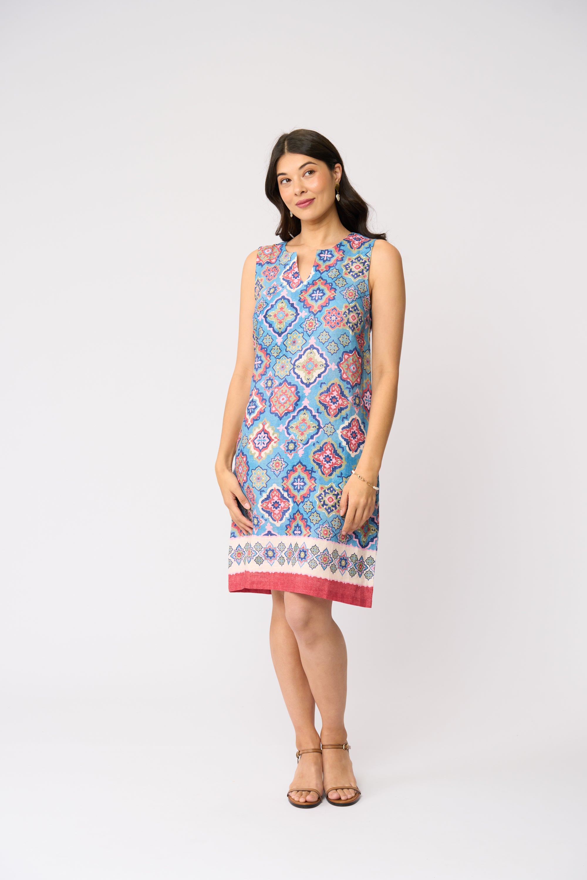 LONGBEACH FOIL SUNSATIONAL DRESS BLUE AND RED MINI LINEN PRINT DRESS
