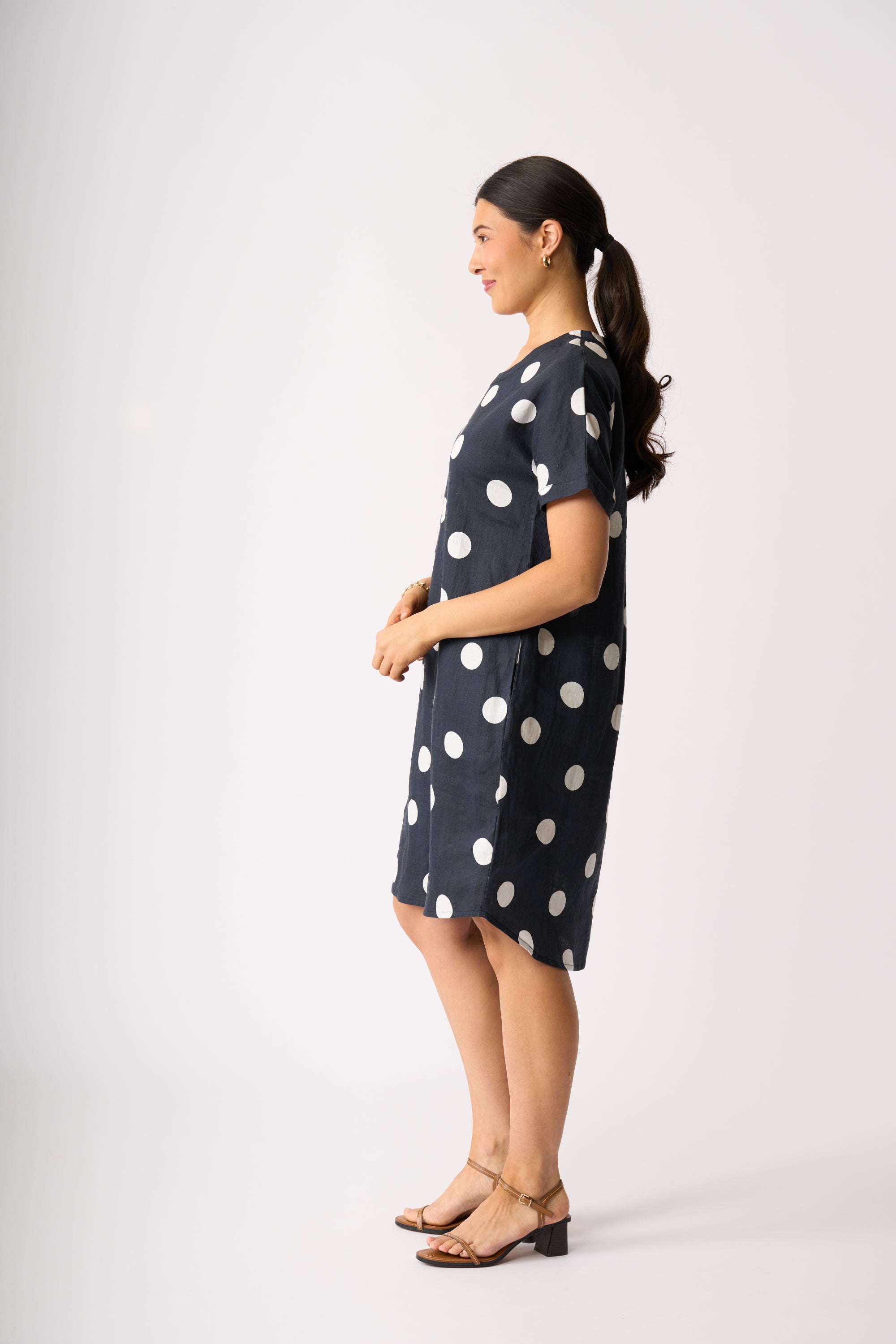 LONGBEACH PREEN BLACK PLEAT DRESS LINEN NAVY SPOT MINI DRESS