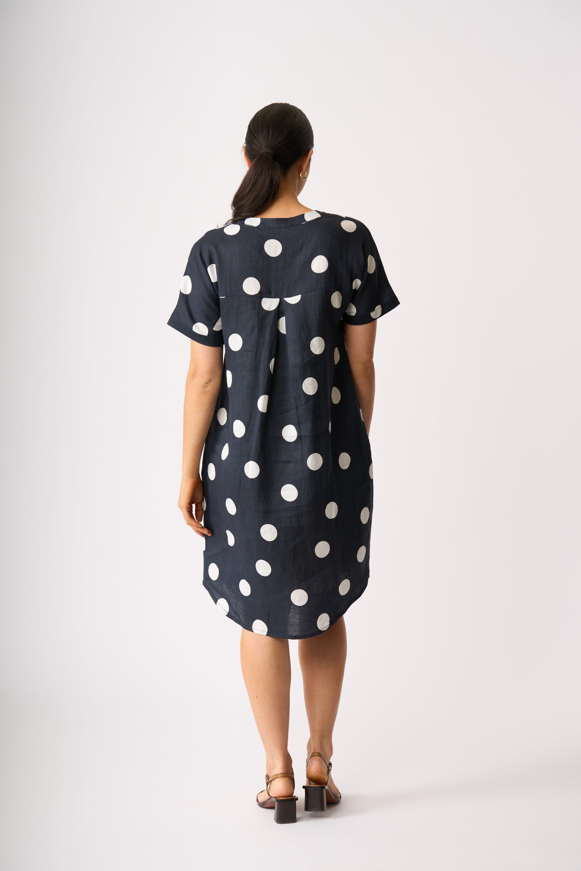 LONGBEACH PREEN BLACK PLEAT DRESS LINEN NAVY SPOT MINI DRESS