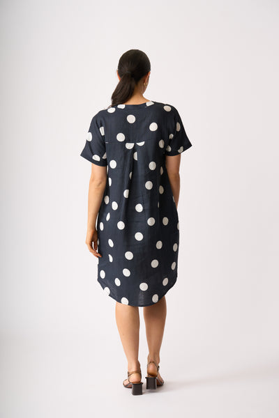 LONGBEACH PREEN BLACK PLEAT DRESS LINEN NAVY SPOT MINI DRESS