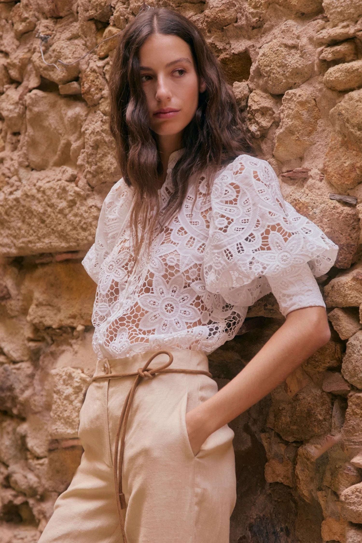 ZOE KRATSMANN DEPART TOP LARGE LACE PATTERN BUTTON UP TOP WITH EXAGGERATED PUFF SLEEVES IN WHITE PINK OR PISTACHIO