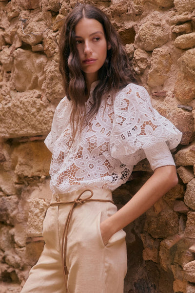 ZOE KRATSMANN DEPART TOP LARGE LACE PATTERN BUTTON UP TOP WITH EXAGGERATED PUFF SLEEVES IN WHITE PINK OR PISTACHIO