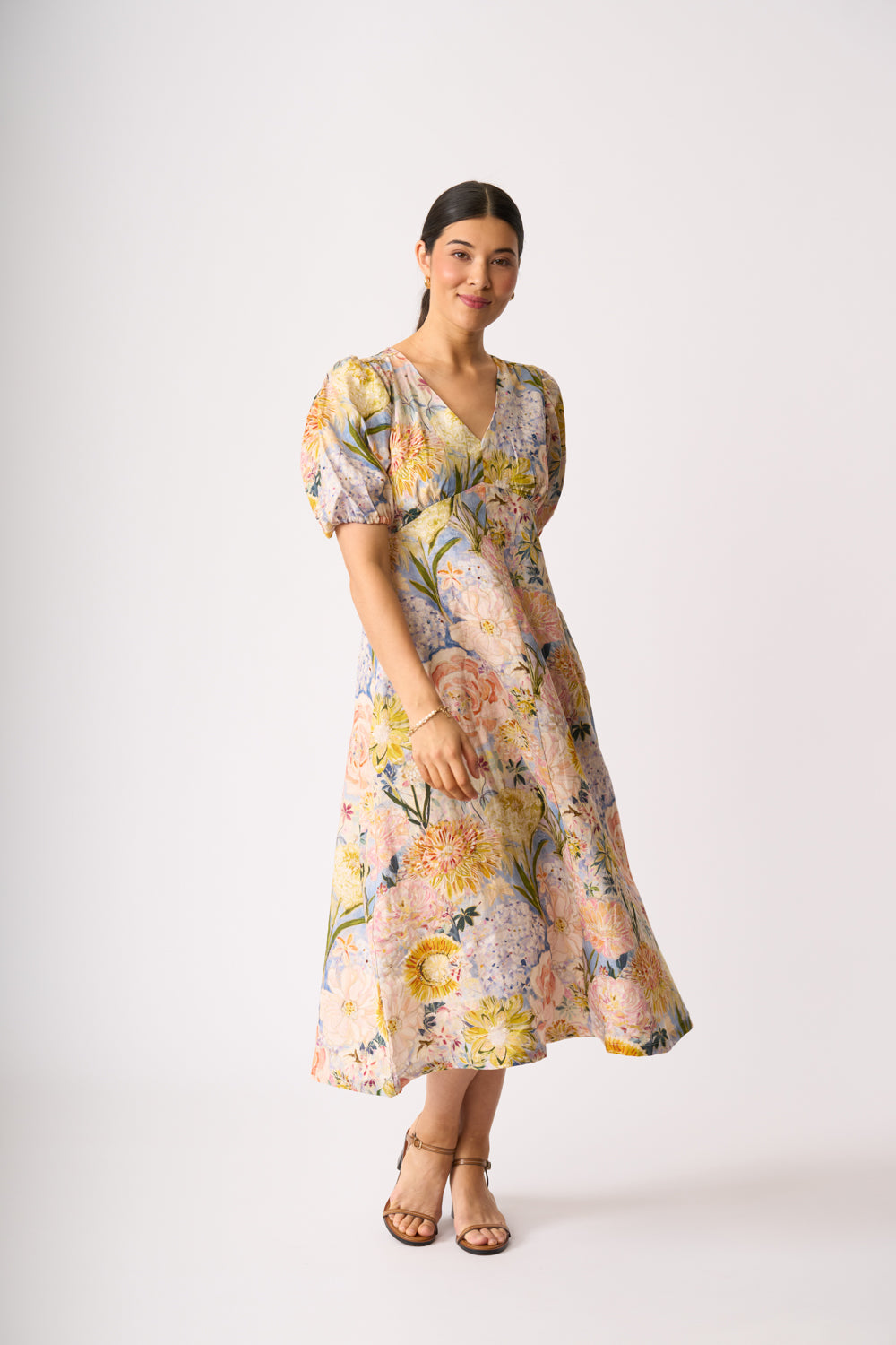 LONGBEACH FOIL EMPIRELY YOURS DRESS LINEN FLORAL MIDI DRESS