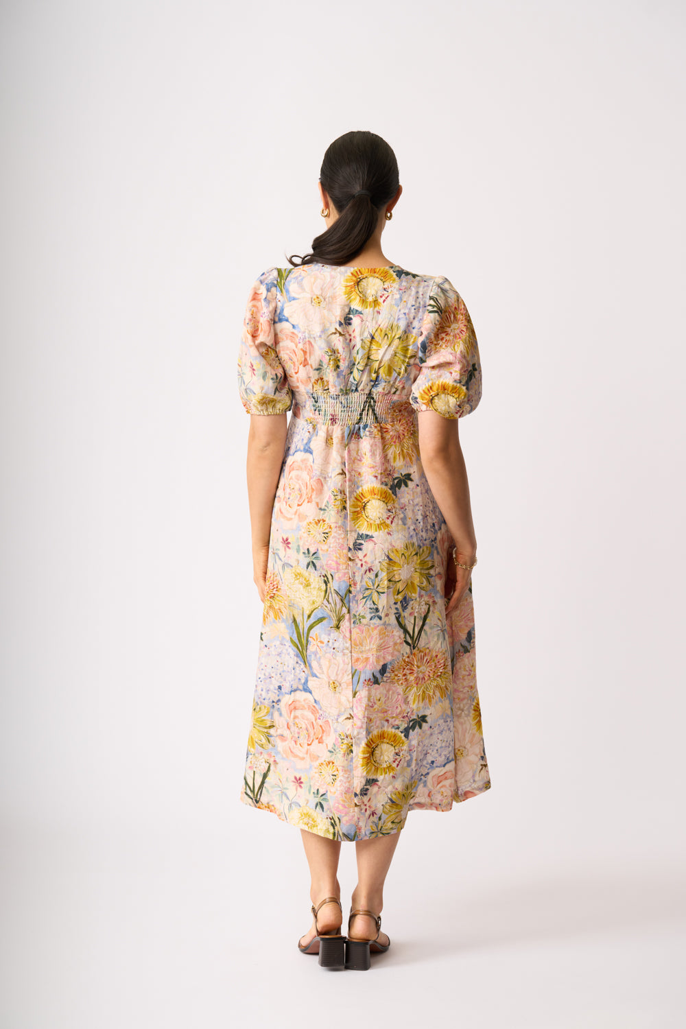 LONGBEACH FOIL EMPIRELY YOURS DRESS LINEN FLORAL MIDI DRESS