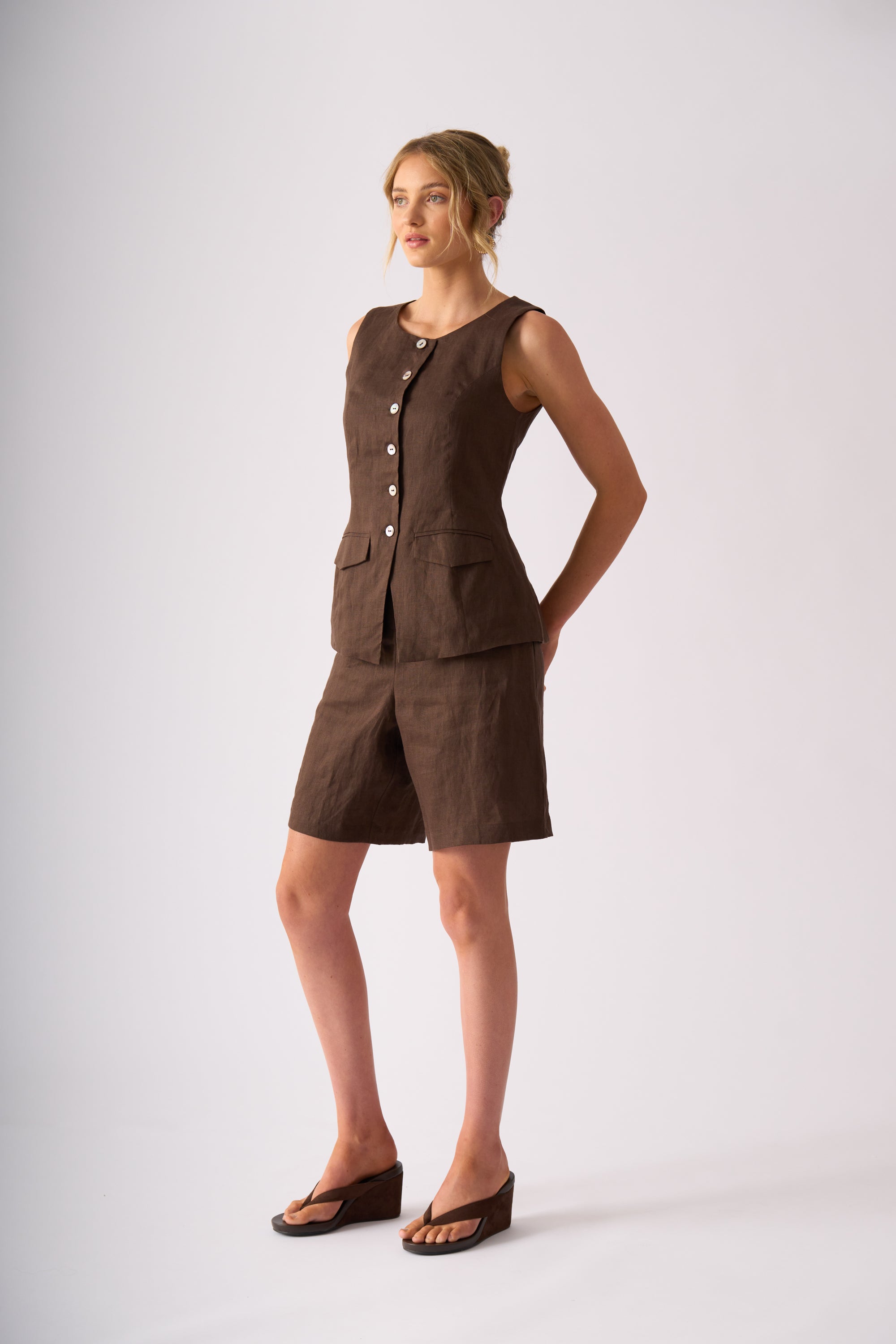 LONGBEACH FOIL PERFECT PAIR WAISTCOAT BROWN COCO CHOCOLATE LINEN VEST TOP