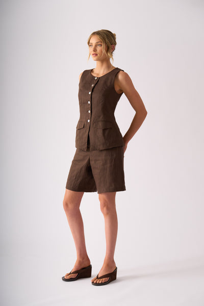 LONGBEACH FOIL PERFECT PAIR WAISTCOAT BROWN COCO CHOCOLATE LINEN VEST TOP