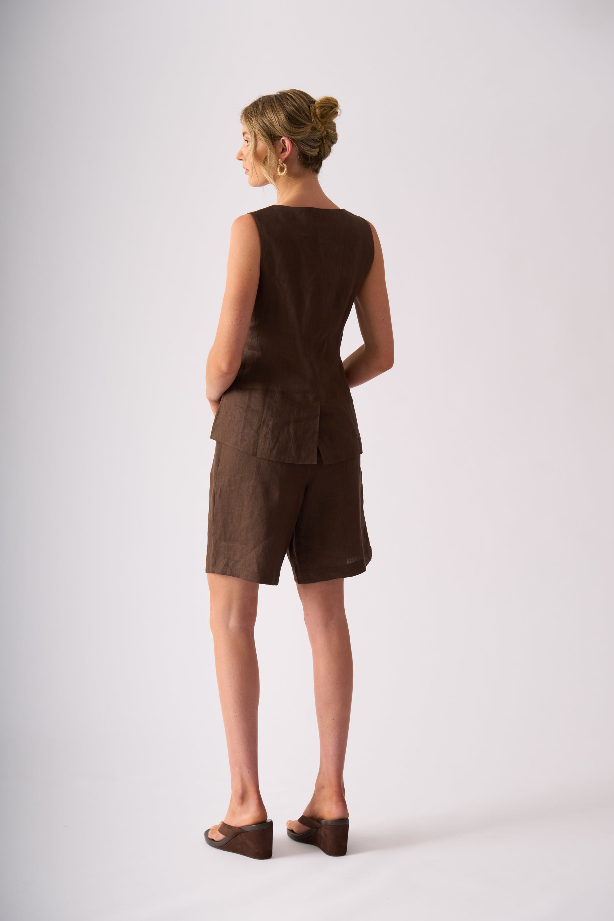 LONGBEACH FOIL PERFECT PAIR WAISTCOAT BROWN COCO CHOCOLATE LINEN VEST TOP
