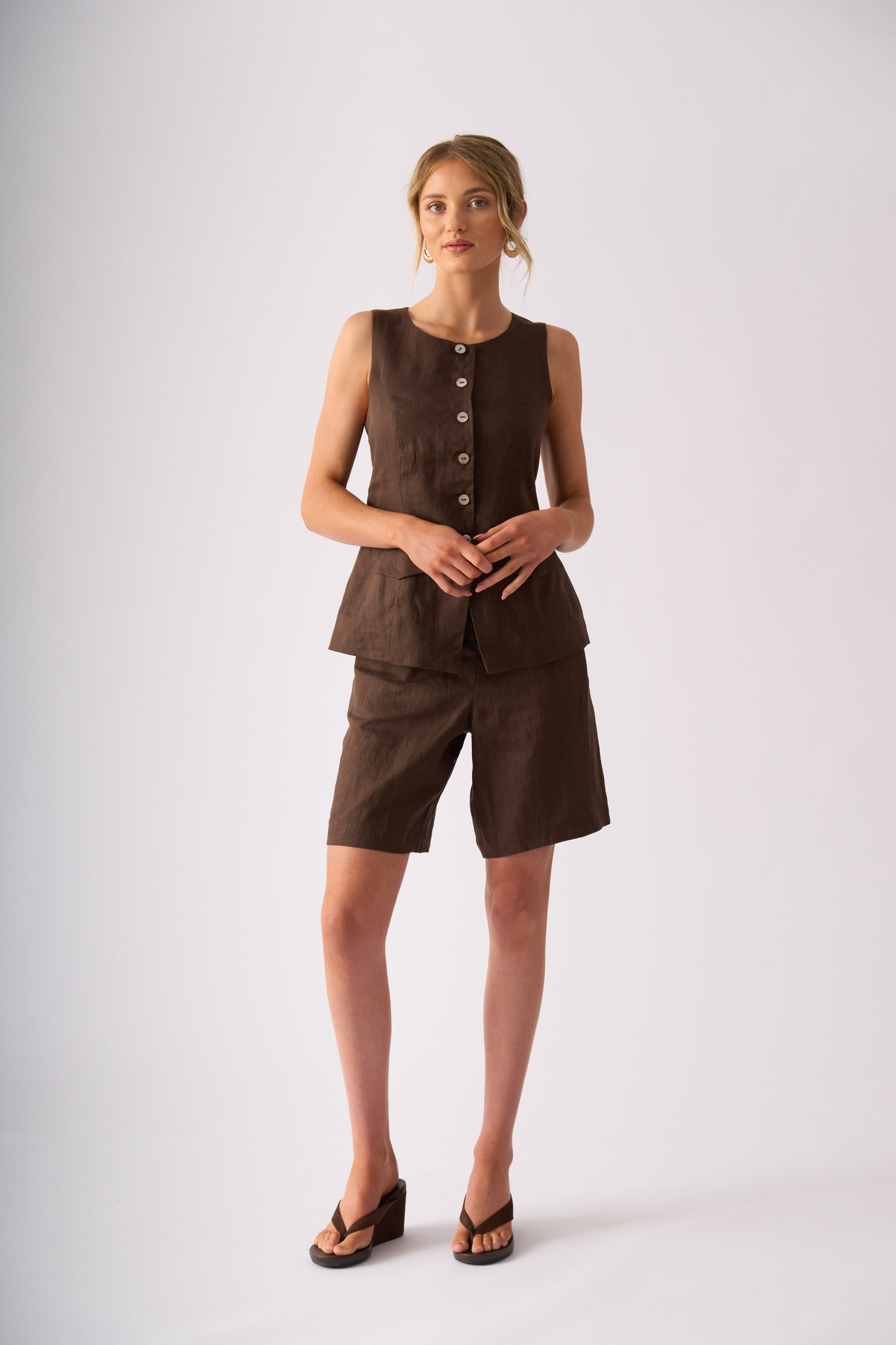 LONGBEACH FOIL PERFECT PAIR SHORTS BROWN COCO LINEN SHORT