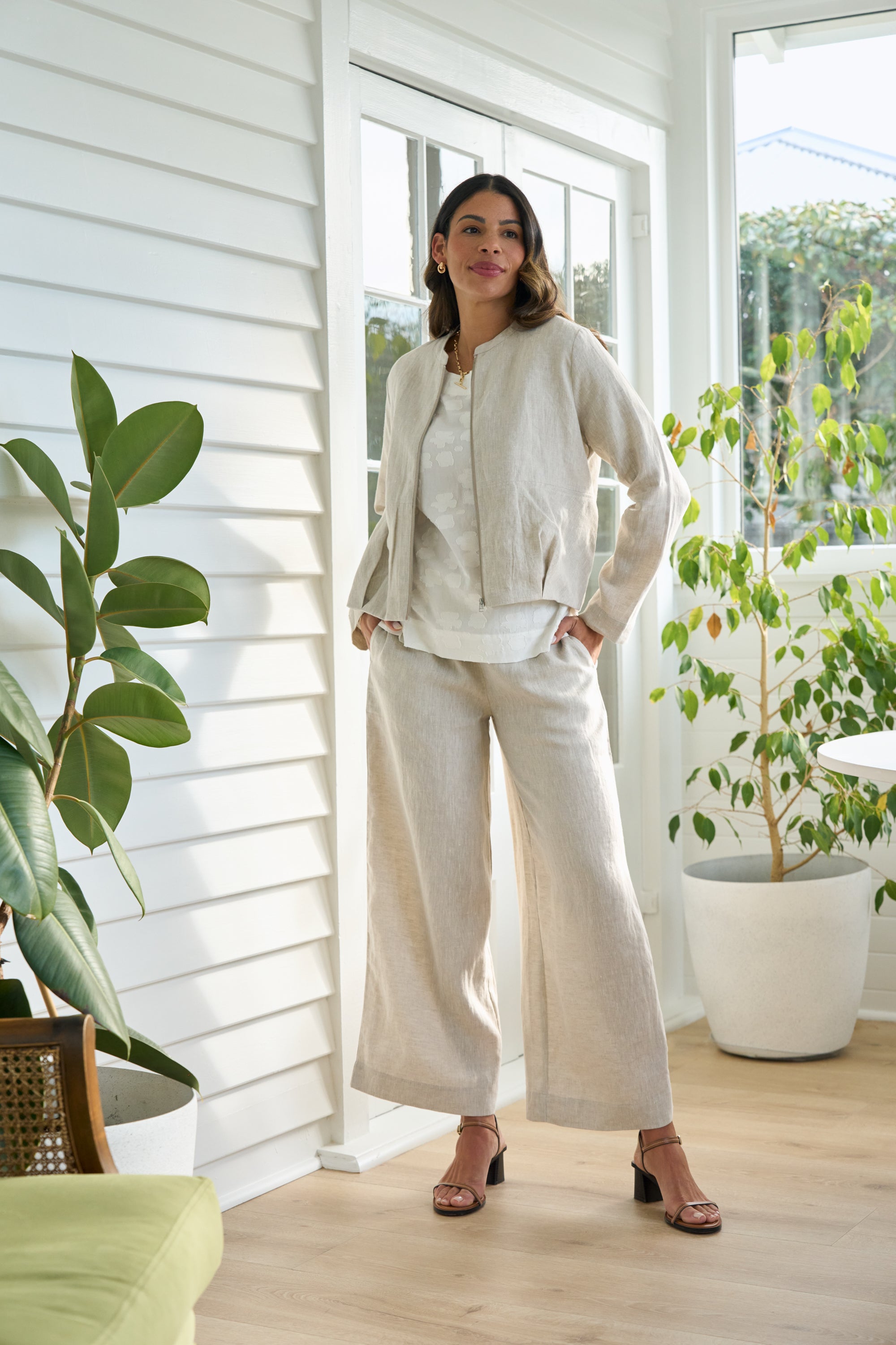 LONGBEACH FOIL PULL TOGETHER PANT BLACK COCO CHOCOLATE BROWN STRING NATURAL LINEN PANT
