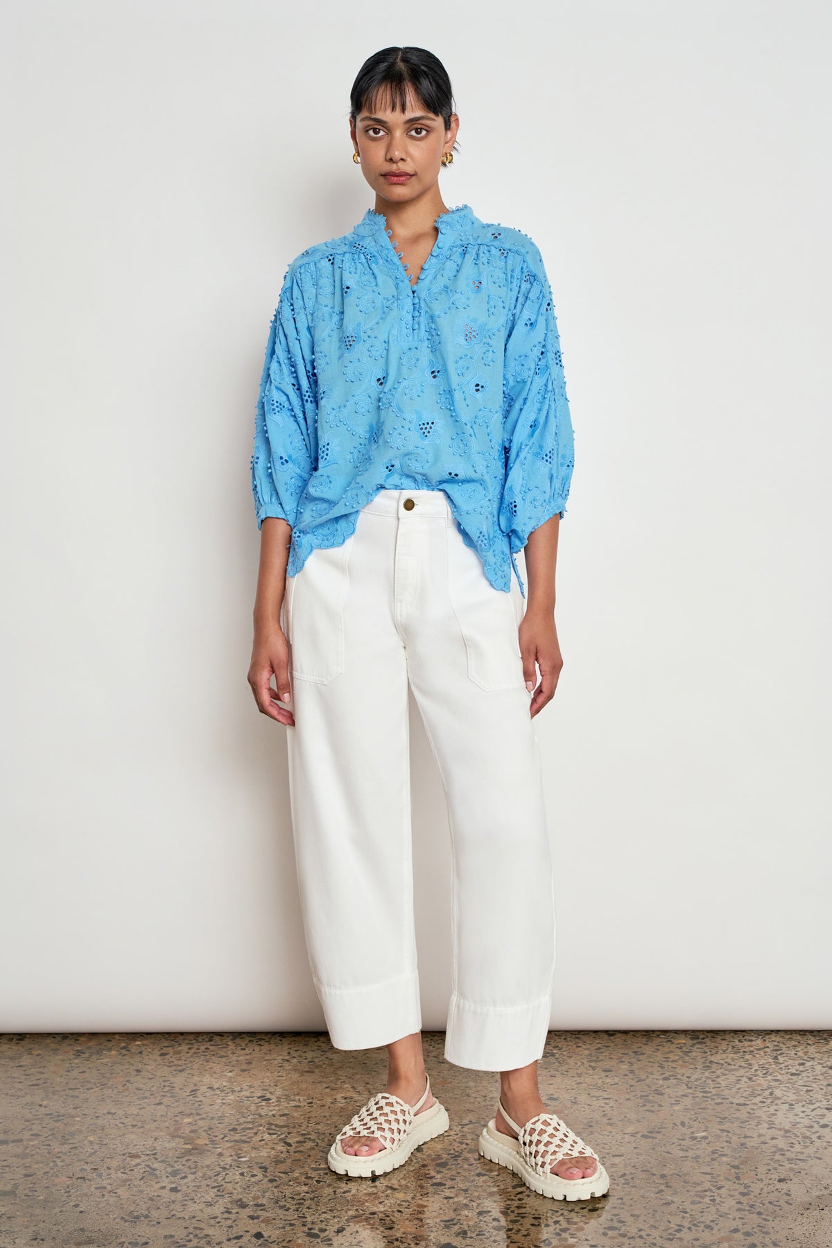 ZOE KRATZMANN TWINE TOP LAGOON EYELET LACE BLOUSE WITH PUFF SLEEVES