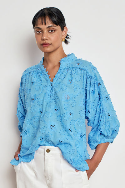 ZOE KRATZMANN TWINE TOP LAGOON EYELET LACE BLOUSE WITH PUFF SLEEVES