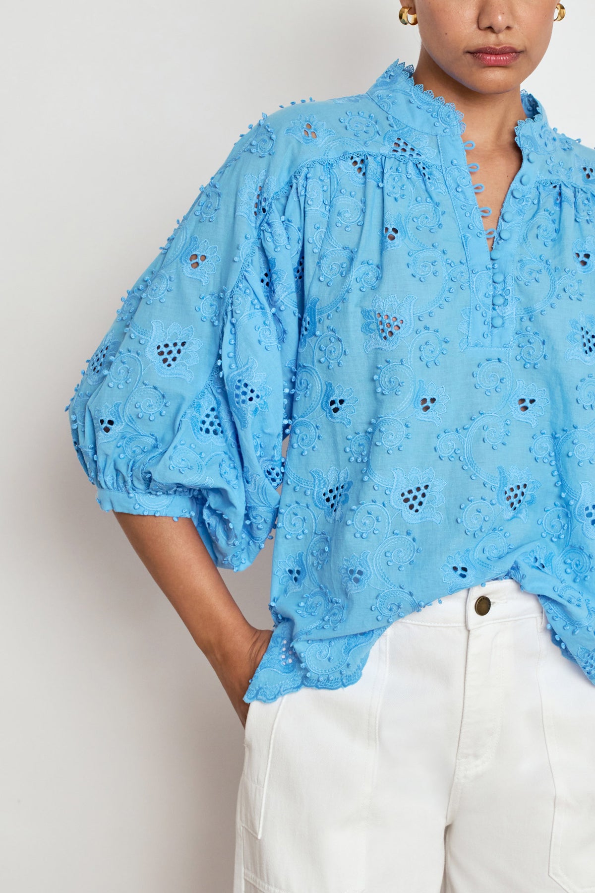 ZOE KRATZMANN TWINE TOP LAGOON EYELET LACE BLOUSE WITH PUFF SLEEVES