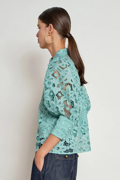 ZOE KRATSMANN DEPART TOP LARGE LACE PATTERN BUTTON UP TOP WITH EXAGGERATED PUFF SLEEVES IN WHITE PINK OR PISTACHIO
