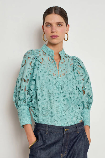 ZOE KRATSMANN DEPART TOP LARGE LACE PATTERN BUTTON UP TOP WITH EXAGGERATED PUFF SLEEVES IN WHITE PINK OR PISTACHIO