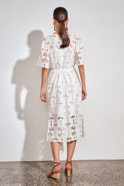 ZOE KRATZMANN GUIDE DRESS ALABASTER - A white midi dress with eyelet embroidery detail and puff sleeves.