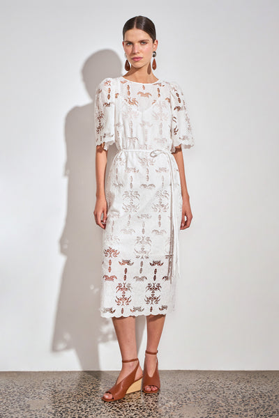 ZOE KRATZMANN GUIDE DRESS ALABASTER - A white midi dress with eyelet embroidery detail and puff sleeves.