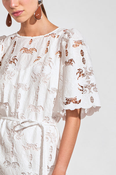 ZOE KRATZMANN GUIDE DRESS ALABASTER - A white midi dress with eyelet embroidery detail and puff sleeves.