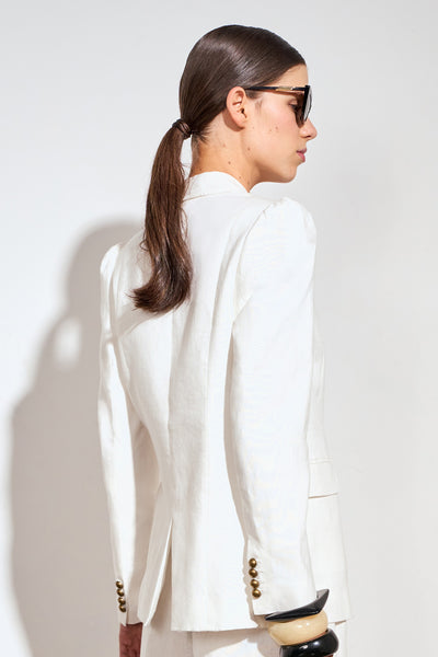 ZOE KRATSMANN CREST JACKET A WHIET LINEN BLAZER WITH TWO POCKETS AND AND ONE BRASSY GOLD BUTTON 