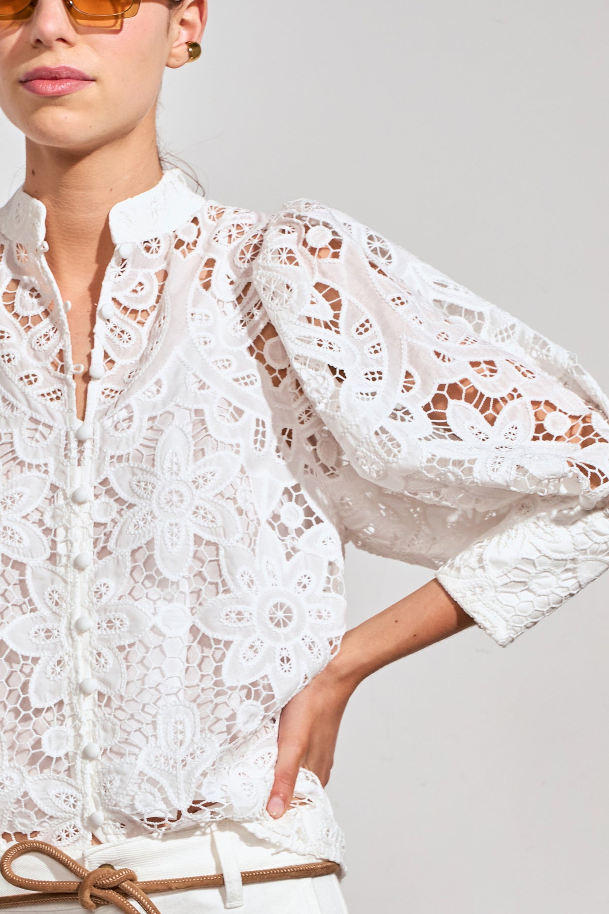 ZOE KRATSMANN DEPART TOP LARGE LACE PATTERN BUTTON UP TOP WITH EXAGGERATED PUFF SLEEVES IN WHITE PINK OR PISTACHIO