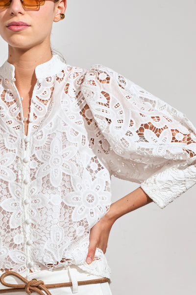 ZOE KRATSMANN DEPART TOP LARGE LACE PATTERN BUTTON UP TOP WITH EXAGGERATED PUFF SLEEVES IN WHITE PINK OR PISTACHIO