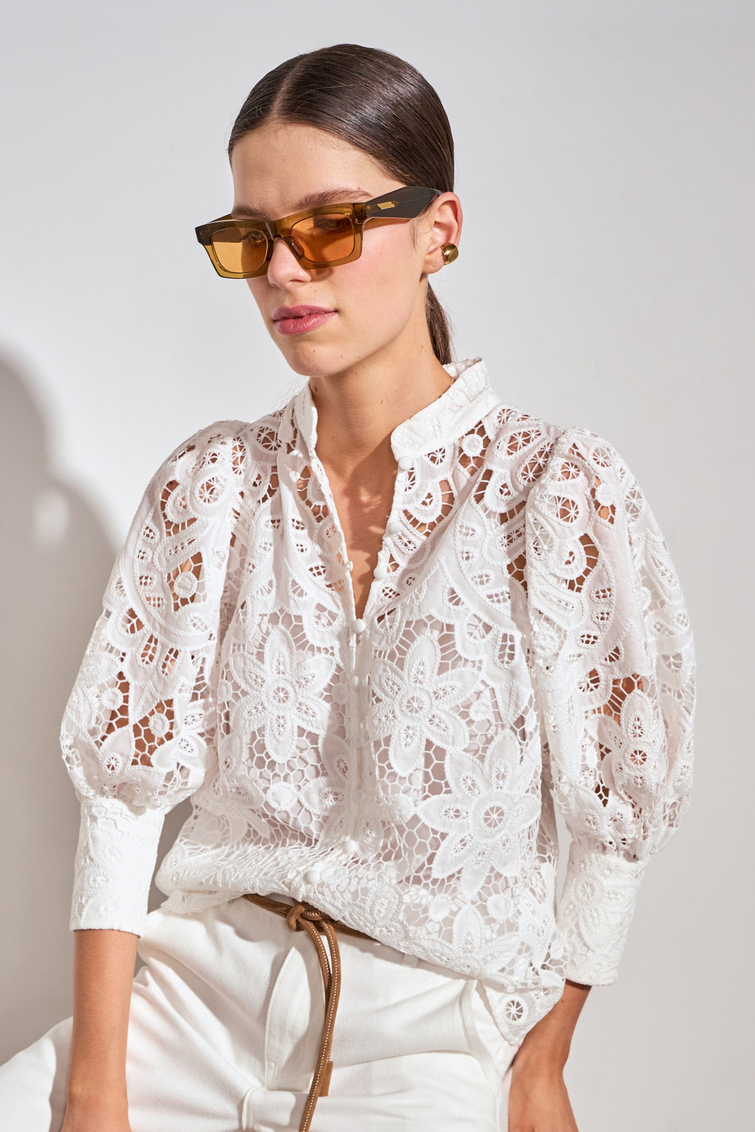 ZOE KRATSMANN DEPART TOP LARGE LACE PATTERN BUTTON UP TOP WITH EXAGGERATED PUFF SLEEVES IN WHITE PINK OR PISTACHIO
