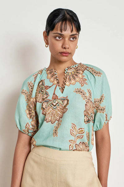 ZOE KRATSMANN PERCEIVE TOP MINT LINEN TOP WITH FLOARL PATTERN PUFF SLEEVES AND LOOP DETAIL ALONG NECK LINE 