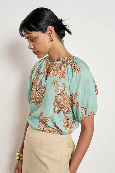 ZOE KRATSMANN PERCEIVE TOP MINT LINEN TOP WITH FLOARL PATTERN PUFF SLEEVES AND LOOP DETAIL ALONG NECK LINE 