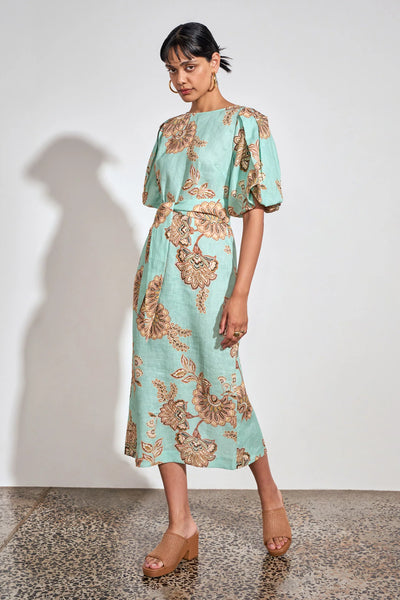 ZOE KRATSMANN COAST DRESS, A MIDI LENGTH MINT DRESS WITH A FLORAL PATTERN, PUFF SLEEVES AND A TIE AT THE WAIST