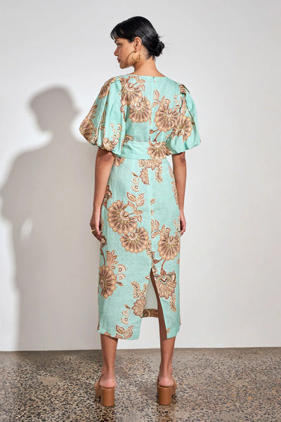 ZOE KRATSMANN COAST DRESS, A MIDI LENGTH MINT DRESS WITH A FLORAL PATTERN, PUFF SLEEVES AND A TIE AT THE WAIST
