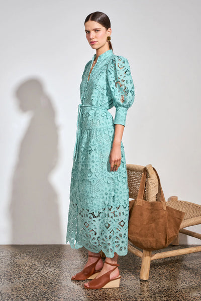 ZOE KRATSMANN GRAVITATE MAXI DRESS LACE BUTTON UP DRESS IN BABY PINK AND LIGHT BLUE WITH PUFF SLEEVES AND TIE AT THE WAIST