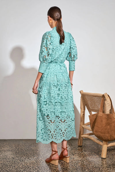 ZOE KRATSMANN GRAVITATE MAXI DRESS LACE BUTTON UP DRESS IN BABY PINK AND LIGHT BLUE WITH PUFF SLEEVES AND TIE AT THE WAIST