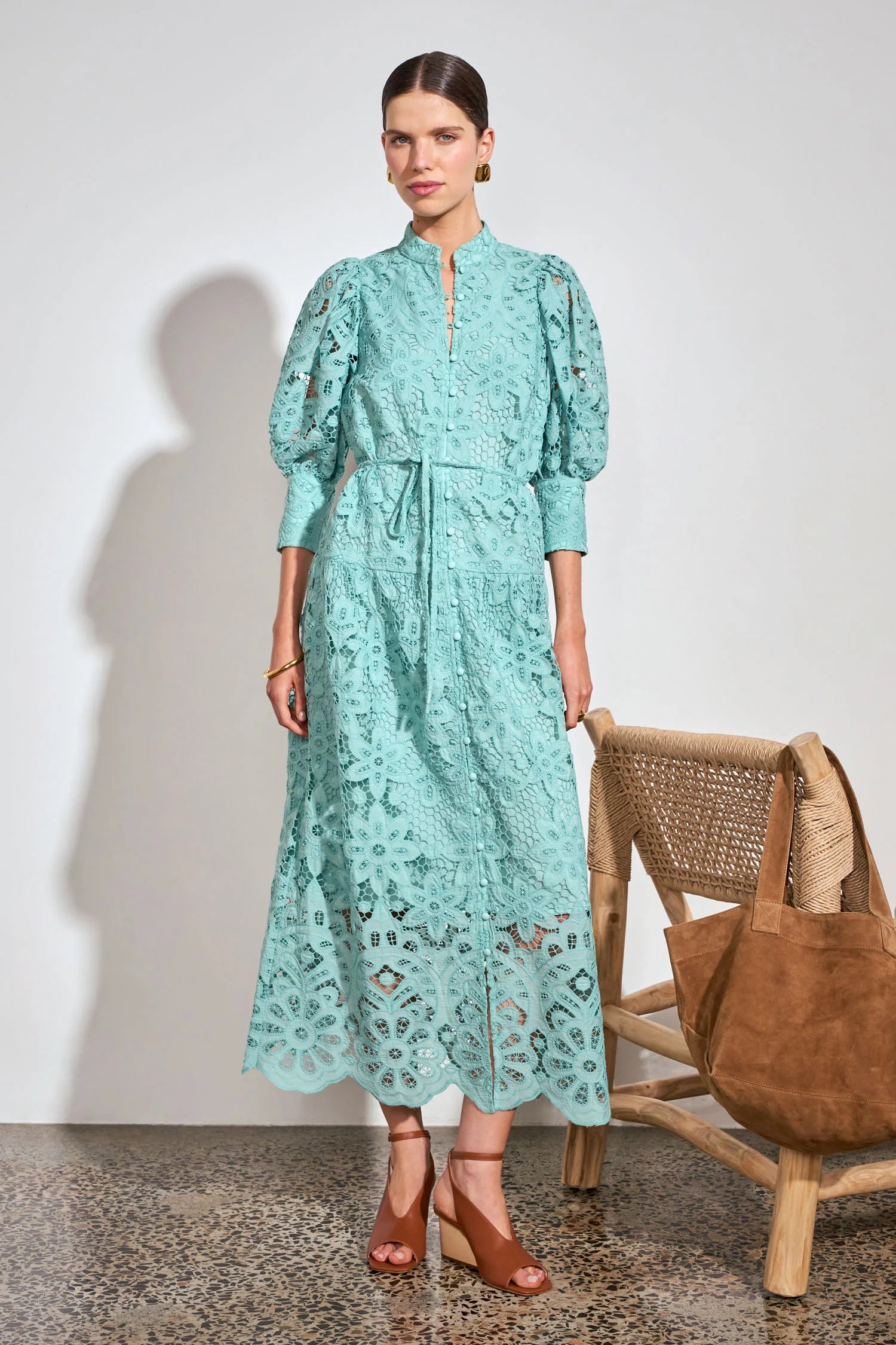 ZOE KRATSMANN GRAVITATE MAXI DRESS LACE BUTTON UP DRESS IN BABY PINK AND LIGHT BLUE WITH PUFF SLEEVES AND TIE AT THE WAIST