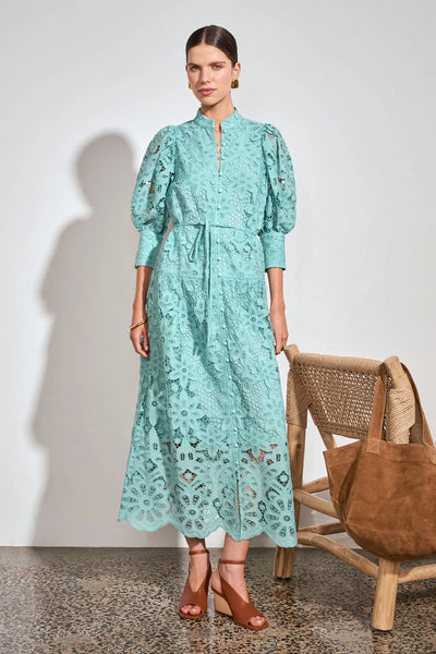 ZOE KRATSMANN GRAVITATE MAXI DRESS LACE BUTTON UP DRESS IN BABY PINK AND LIGHT BLUE WITH PUFF SLEEVES AND TIE AT THE WAIST