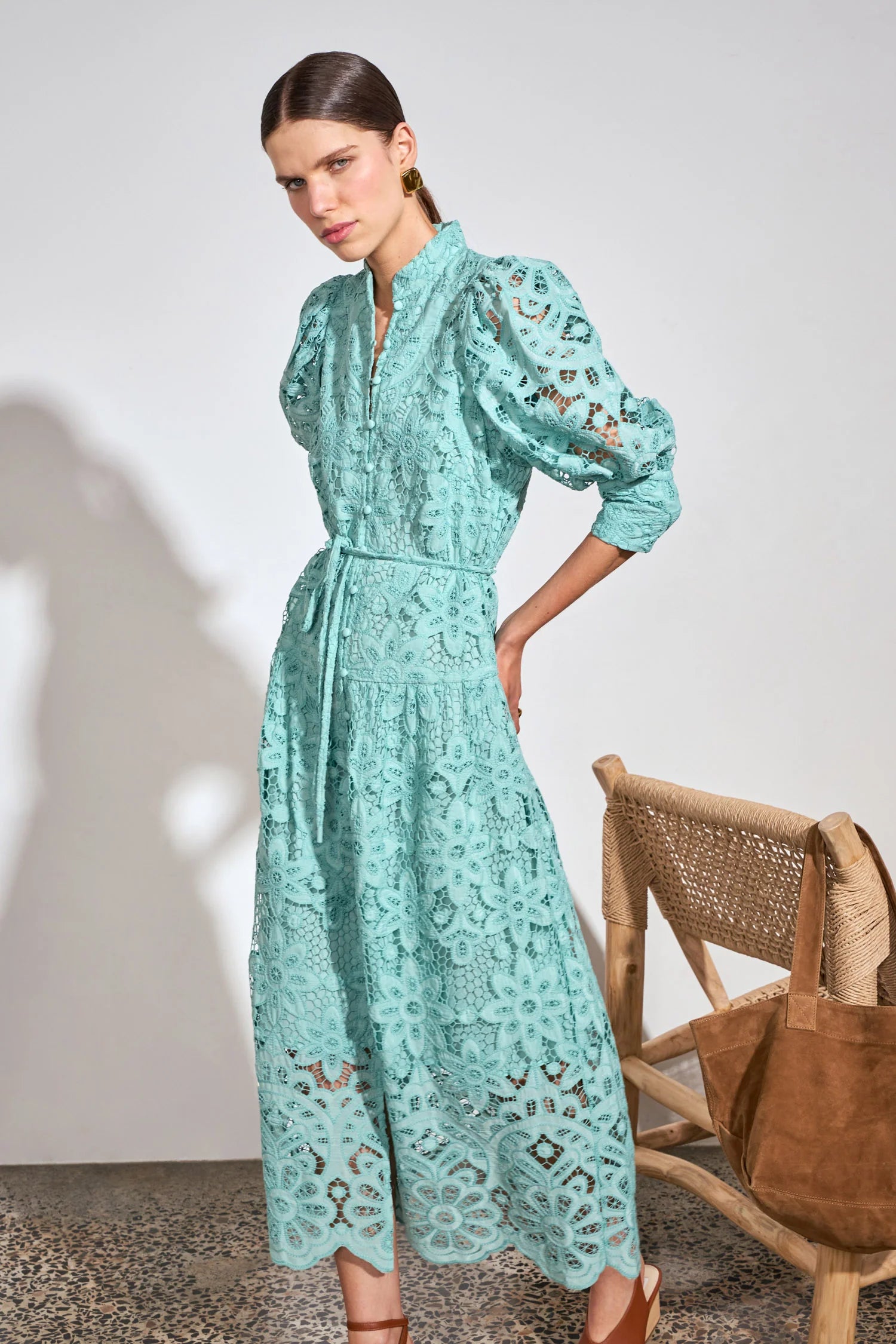 ZOE KRATSMANN GRAVITATE MAXI DRESS LACE BUTTON UP DRESS IN BABY PINK AND LIGHT BLUE WITH PUFF SLEEVES AND TIE AT THE WAIST