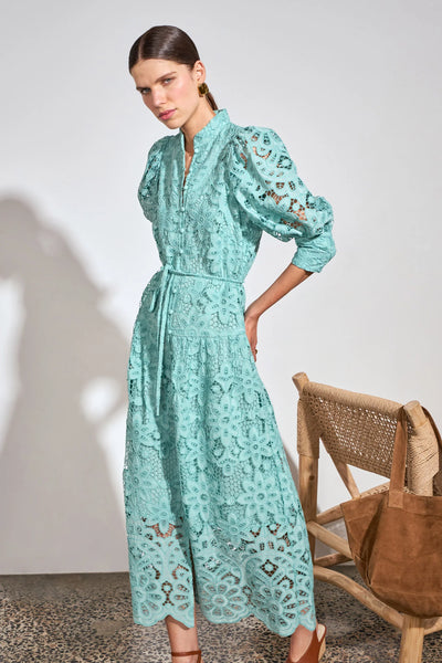 ZOE KRATSMANN GRAVITATE MAXI DRESS LACE BUTTON UP DRESS IN BABY PINK AND LIGHT BLUE WITH PUFF SLEEVES AND TIE AT THE WAIST