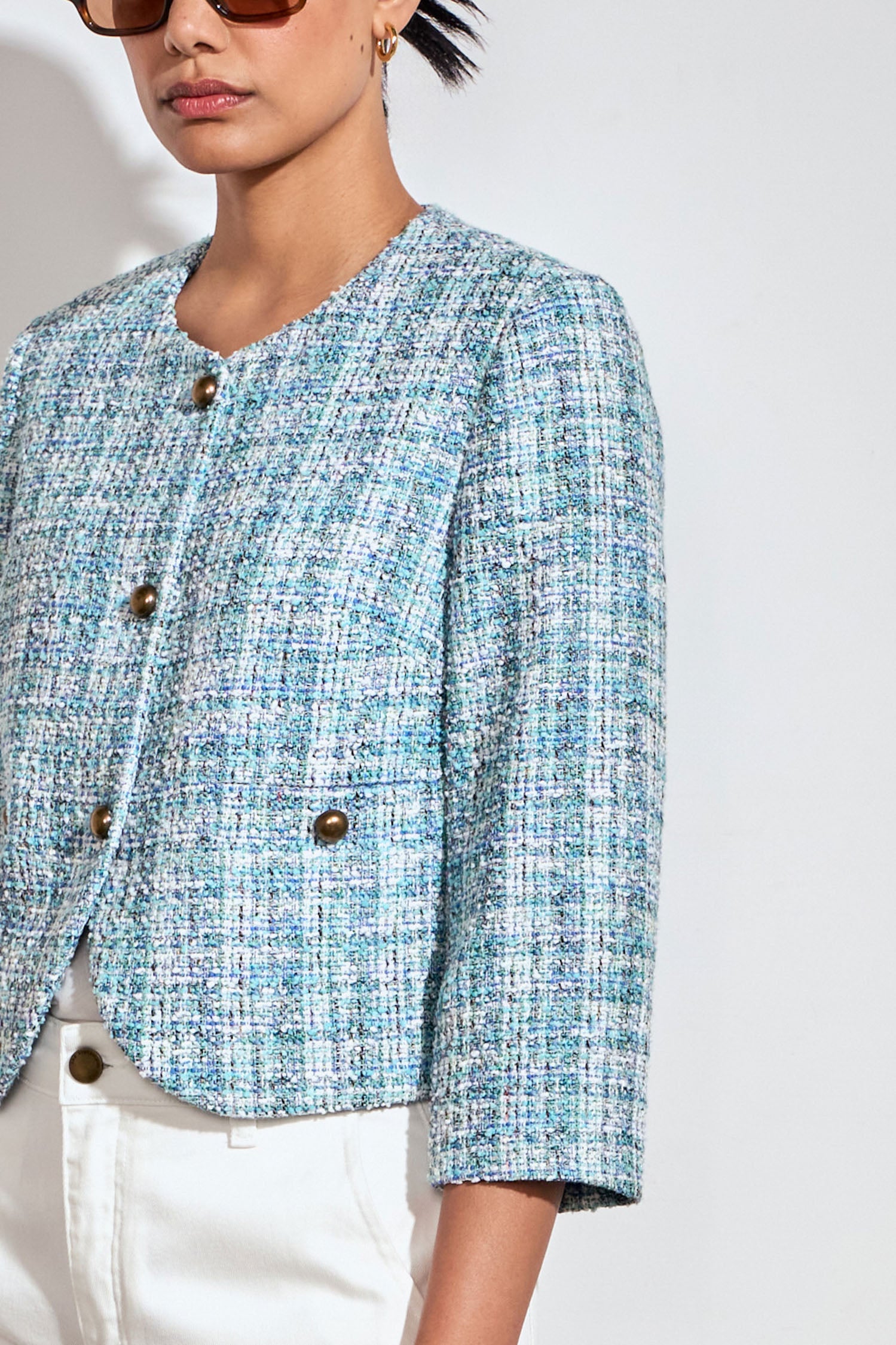 ZOE KRATSMANN ELEMENT JACKET COLLARLESS JACKET WITH 3/4 LENGTH SLEEVES BRASS BUTTONS AND FAUX FRONT POCKETS