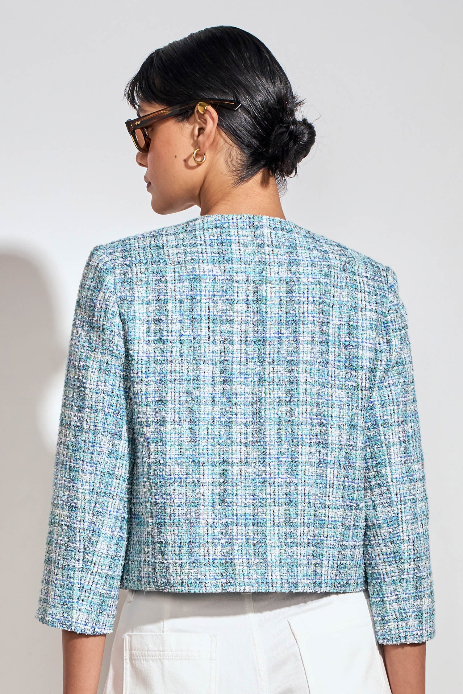 ZOE KRATSMANN ELEMENT JACKET COLLARLESS JACKET WITH 3/4 LENGTH SLEEVES BRASS BUTTONS AND FAUX FRONT POCKETS