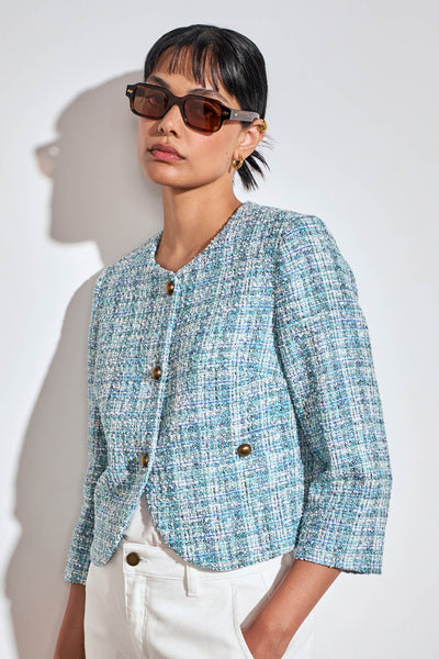 ZOE KRATSMANN ELEMENT JACKET COLLARLESS JACKET WITH 3/4 LENGTH SLEEVES BRASS BUTTONS AND FAUX FRONT POCKETS