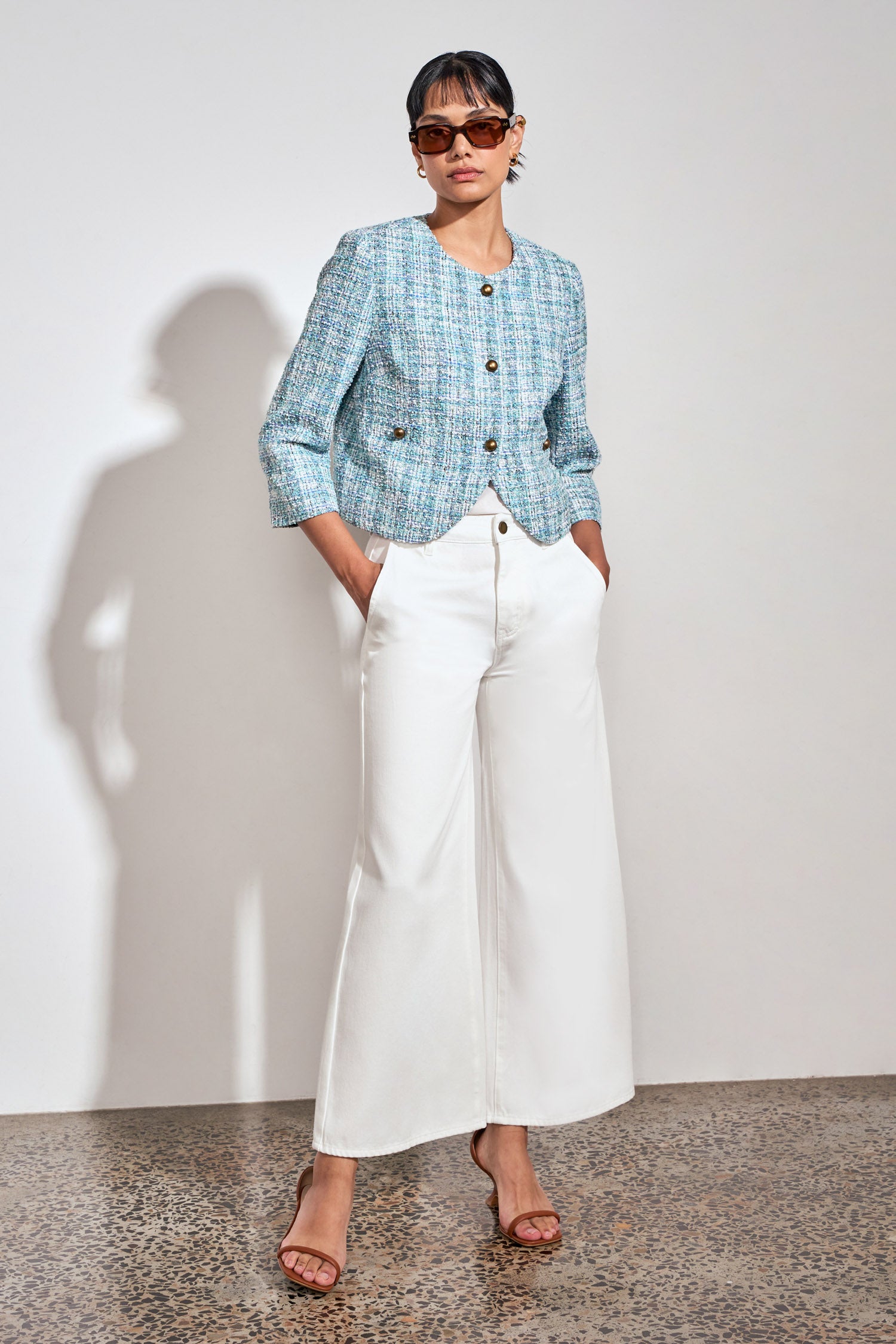 ZOE KRATSMANN ELEMENT JACKET COLLARLESS JACKET WITH 3/4 LENGTH SLEEVES BRASS BUTTONS AND FAUX FRONT POCKETS