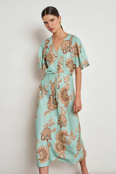 ZOE KRATSMANN PREMIER DRESS A MINT MAXI DRESS WITH A FLORAL PRINT, FLOATY SLEEVES, BUTTONS ALONG THE CLEAVAGE AND A TIE AT THE WAIST